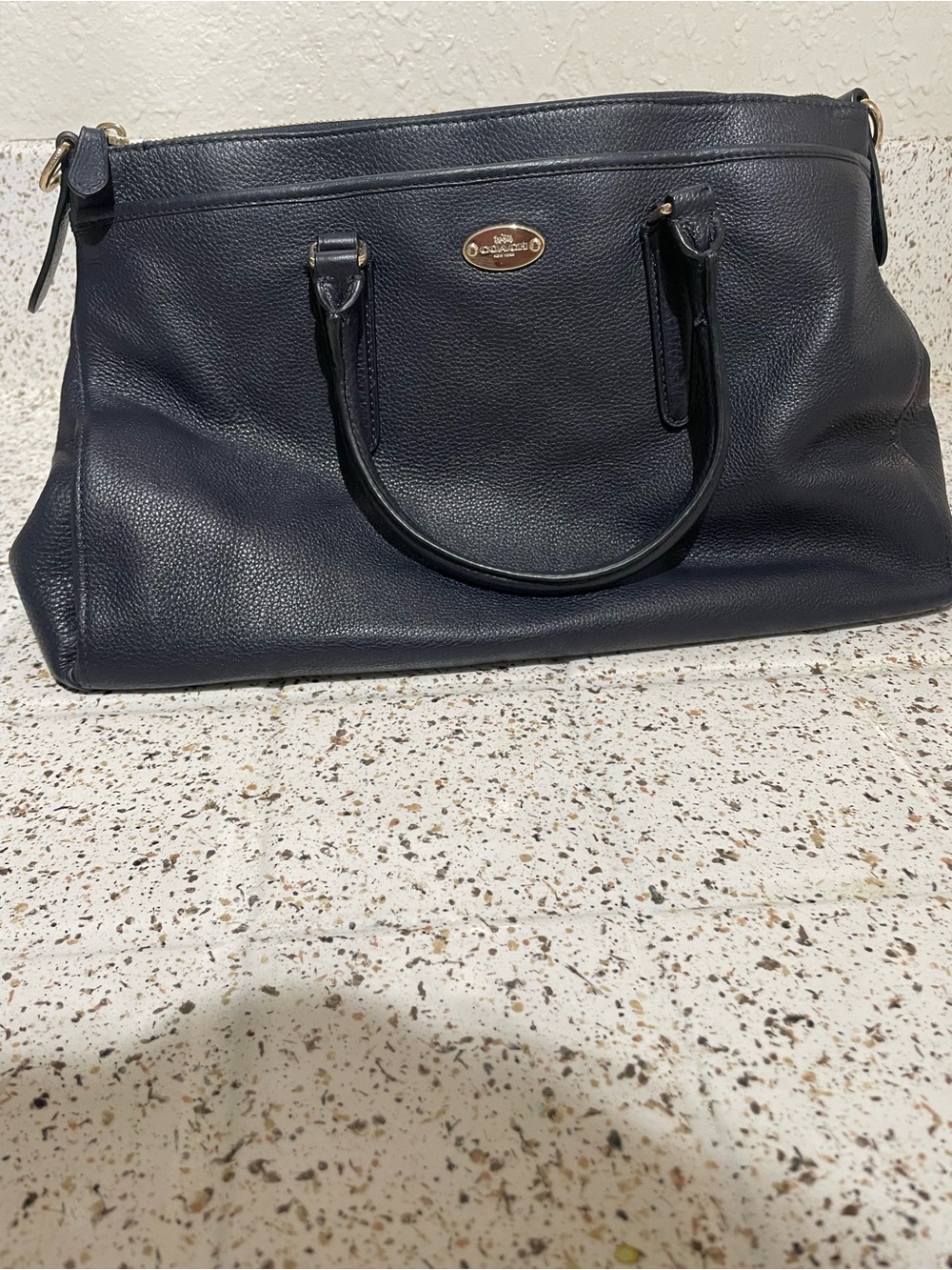 Coach Navy Pebbled Leather Top-Handle Satchel with Gold Hardware